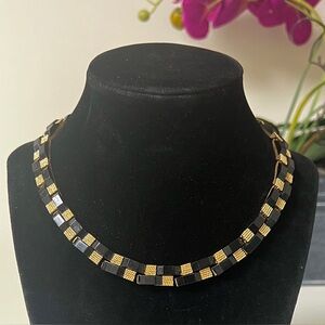 Vintage Signed Trifari Black and Gold Tone Brick Chain Necklace